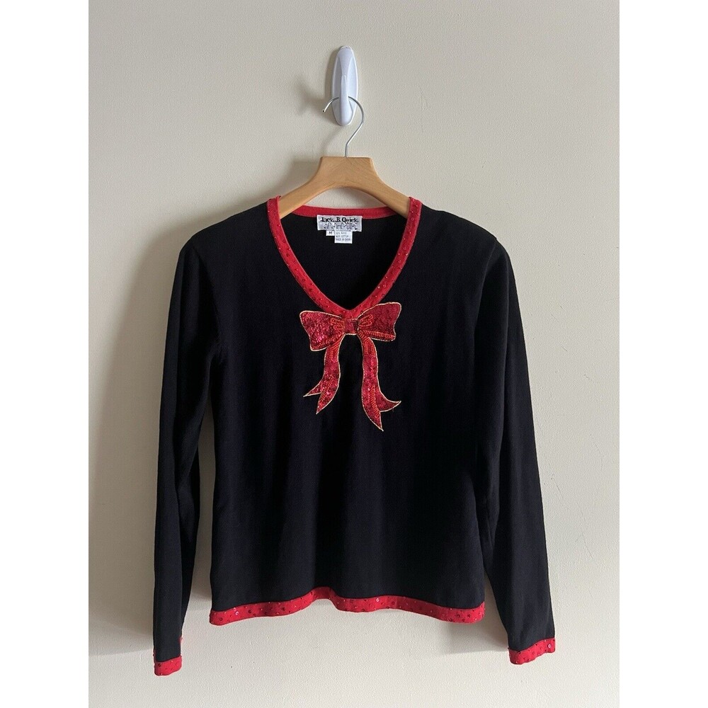 Vintage Jack B Quick V-Neck Sweater M Black Bow Sequins Beaded Embroidered